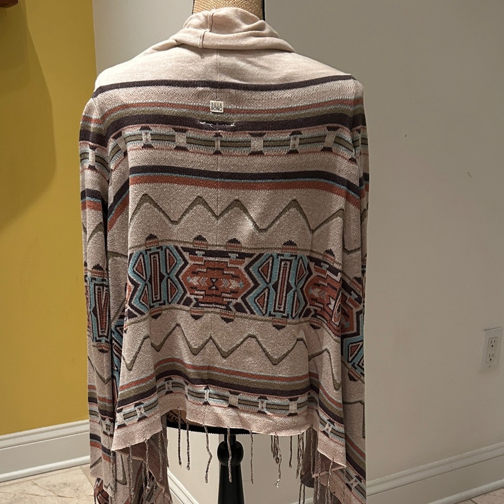 Billabong Cream and Brown Blue Women's Aztec Tribal Boho Open Fringe Cardigan